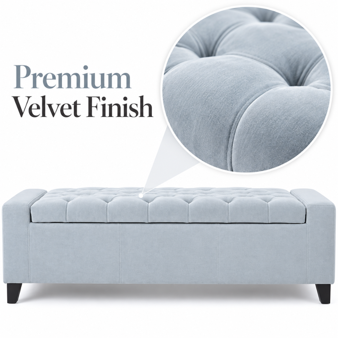 Wooden Twist Raffinee light sky blue storage bench – premium velvet finish close-up
