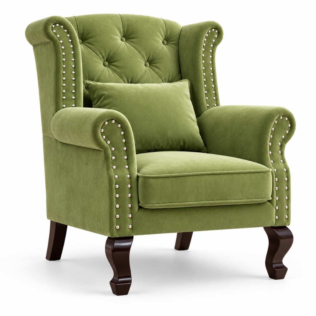 Wooden Twist Majestic Velvet Wingback Chair Green – Front View