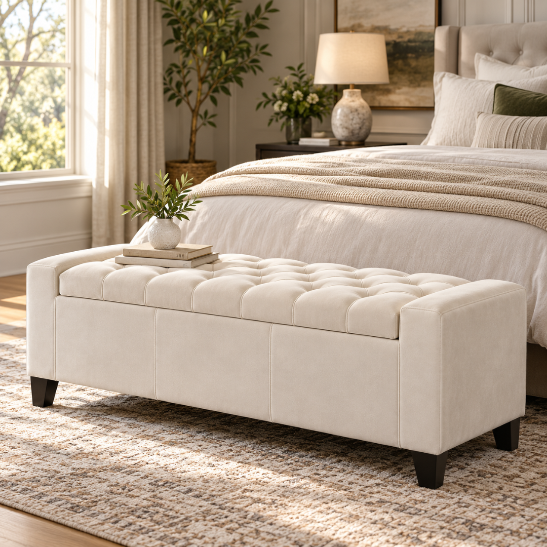 Wooden Twist Raffinee tufted velvet flip top storage bench in ivory – lifestyle view at the foot of a bed