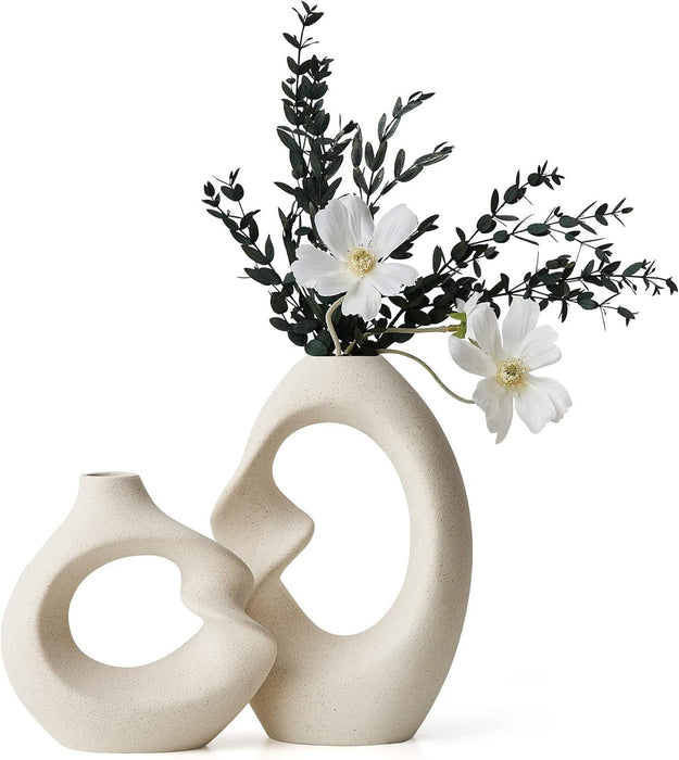 Wooden Twist Modern Home Decor Ceramic White Simple Hollow Decorative Vase for Pampas Flowers ( Set of 2 ) - Wooden Twist UAE