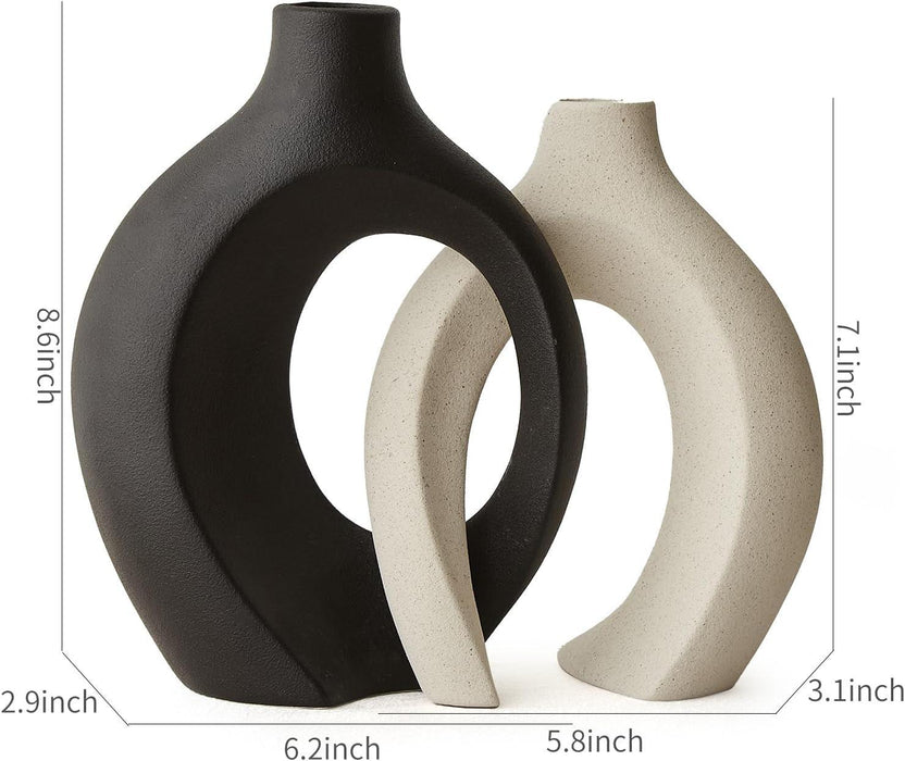 Wooden Twist Modern Home Decor Ceramic White & Black Hollow Decorative Vase for Pampas Flowers ( Set of 2 ) - Wooden Twist UAE