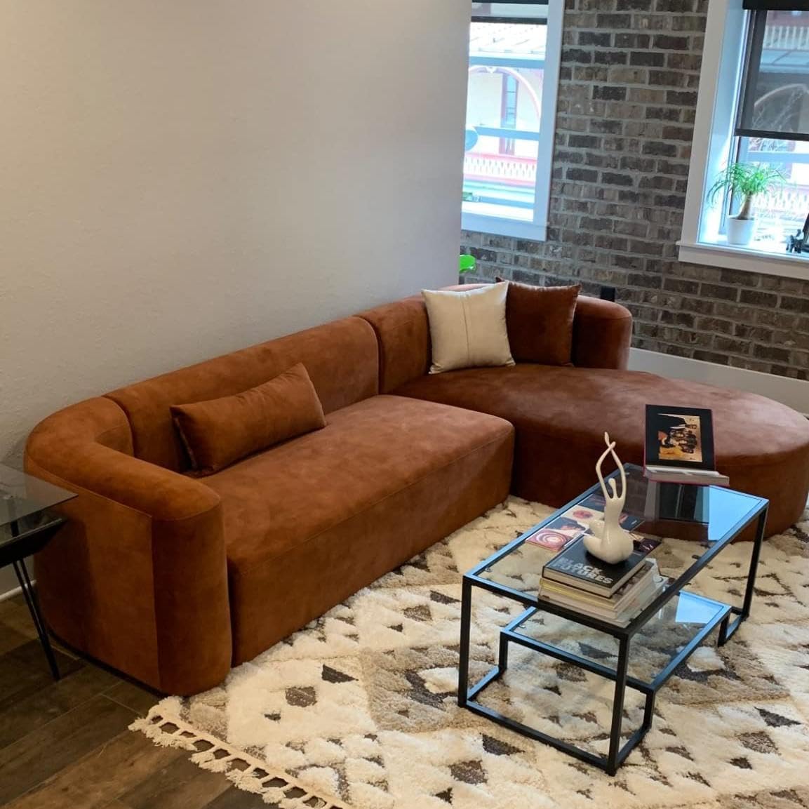 Wooden Twist Velvet Sectional Sofa Tangerine Right Chaise - Room Setting