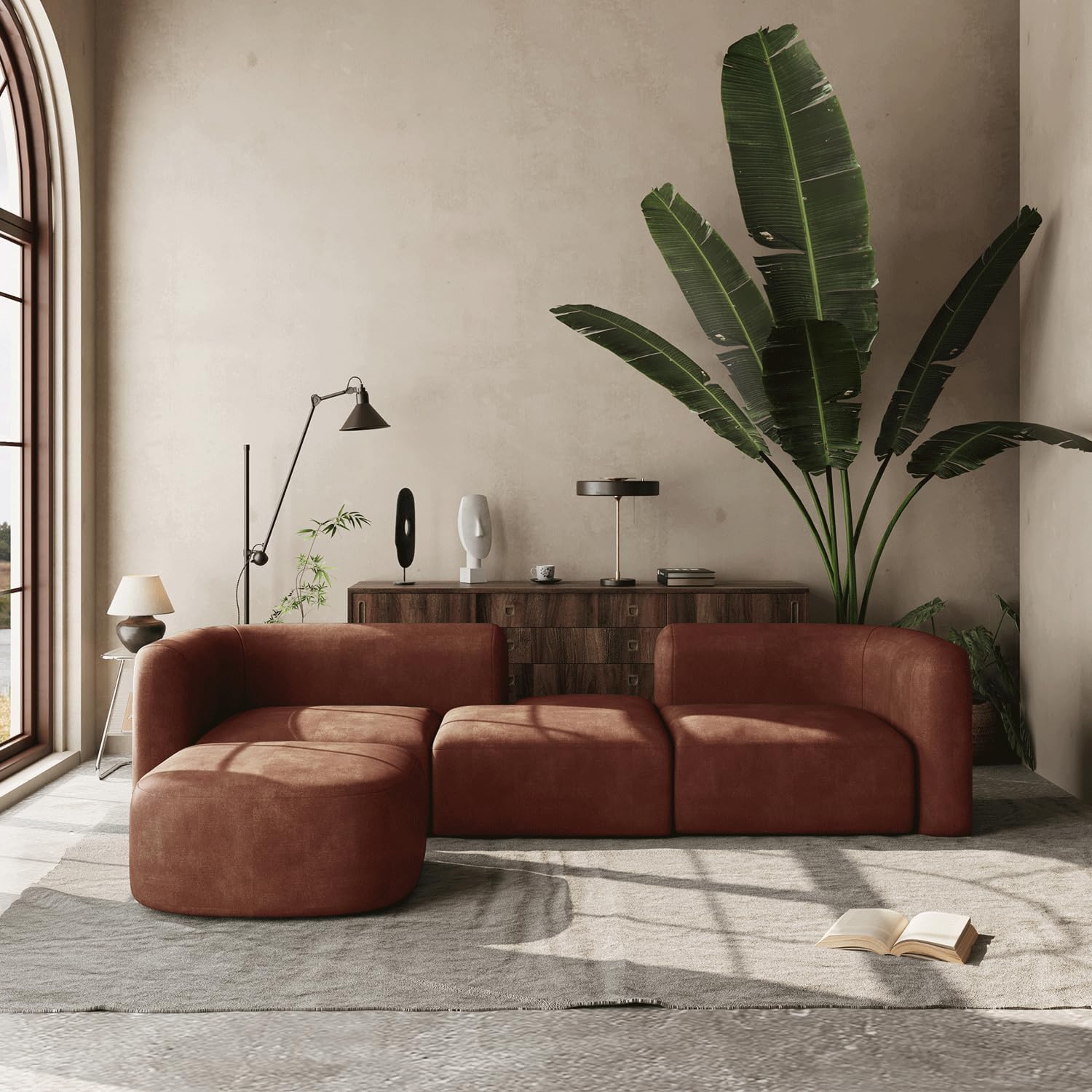 Wooden Twist Modern Velvet Sectional Sofa Tangerine 4 Seater Modular - Front View
