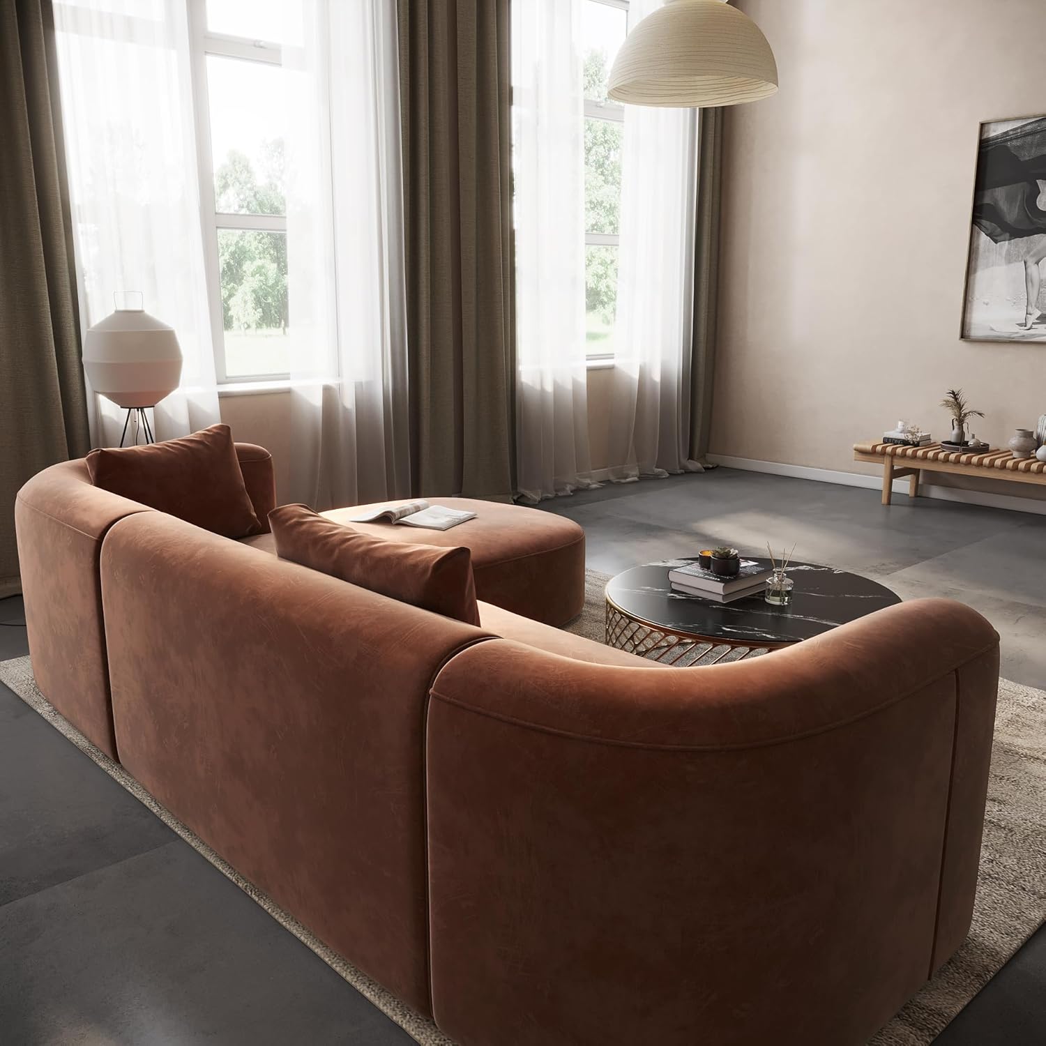 Wooden Twist Velvet Sectional Sofa Tangerine Right Chaise - Cushion Detail