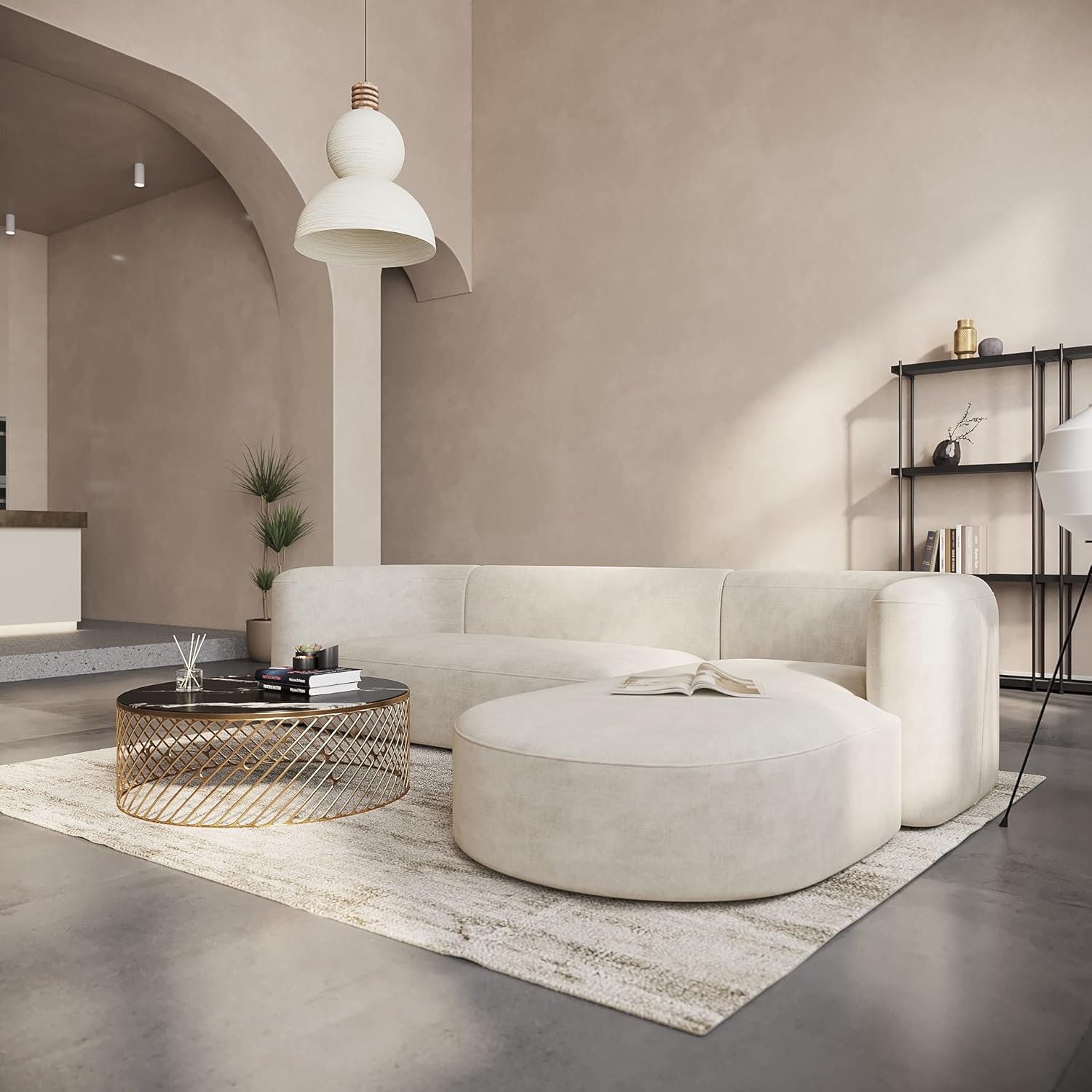 Wooden Twist Velvet Sectional Sofa Cream L-Shape Right Chaise - Lifestyle