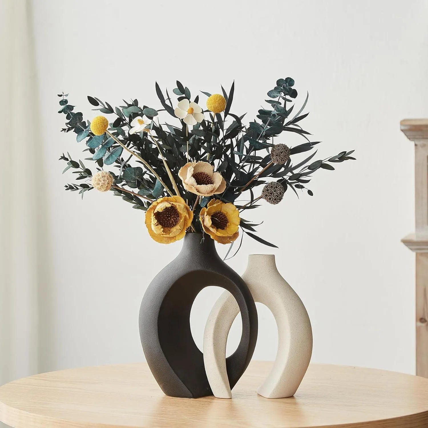 Wooden Twist Modern Home Decor Ceramic White & Black Hollow Decorative Vase for Pampas Flowers ( Set of 2 ) - Wooden Twist UAE