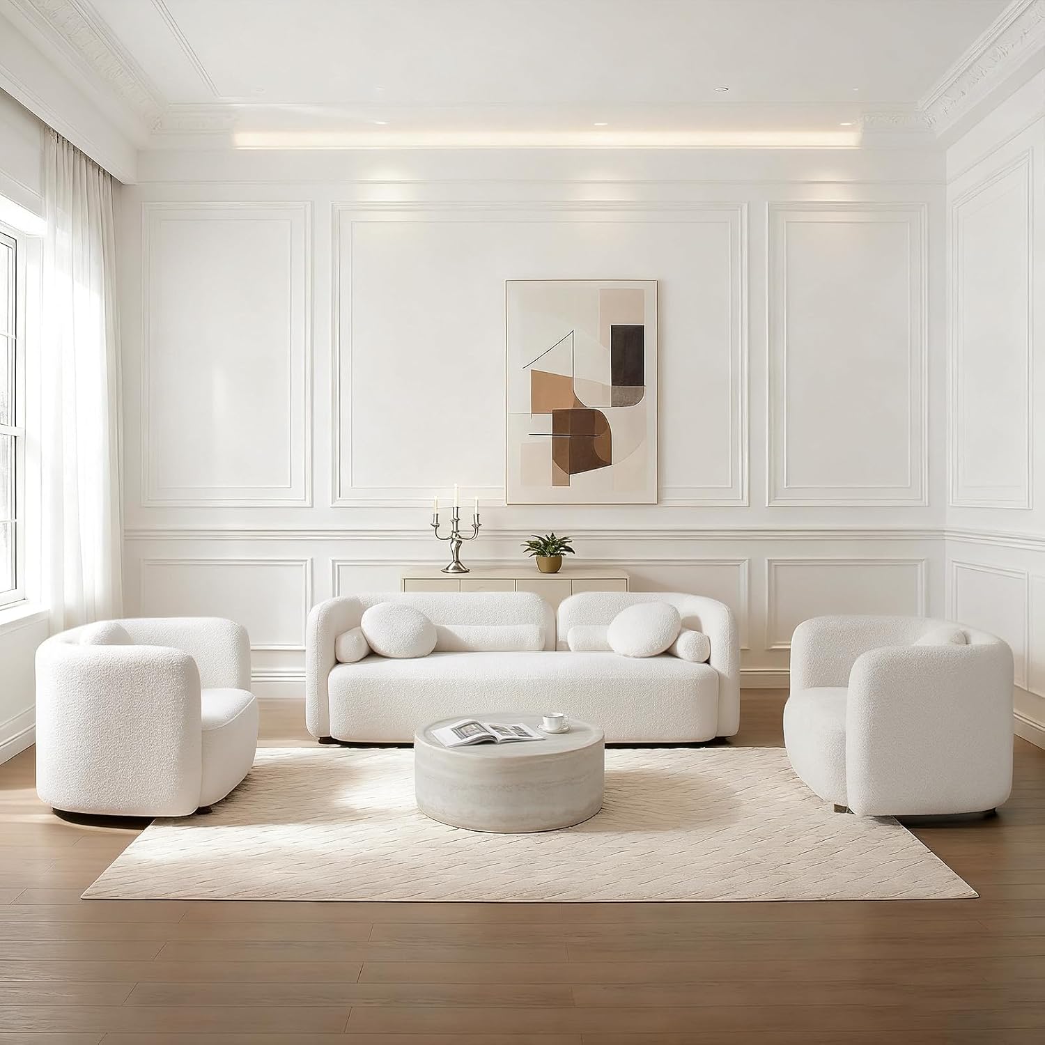 Wooden Twist White 5-Seater Boucle Sofa Set 3-Piece - Living Room Lifestyle
