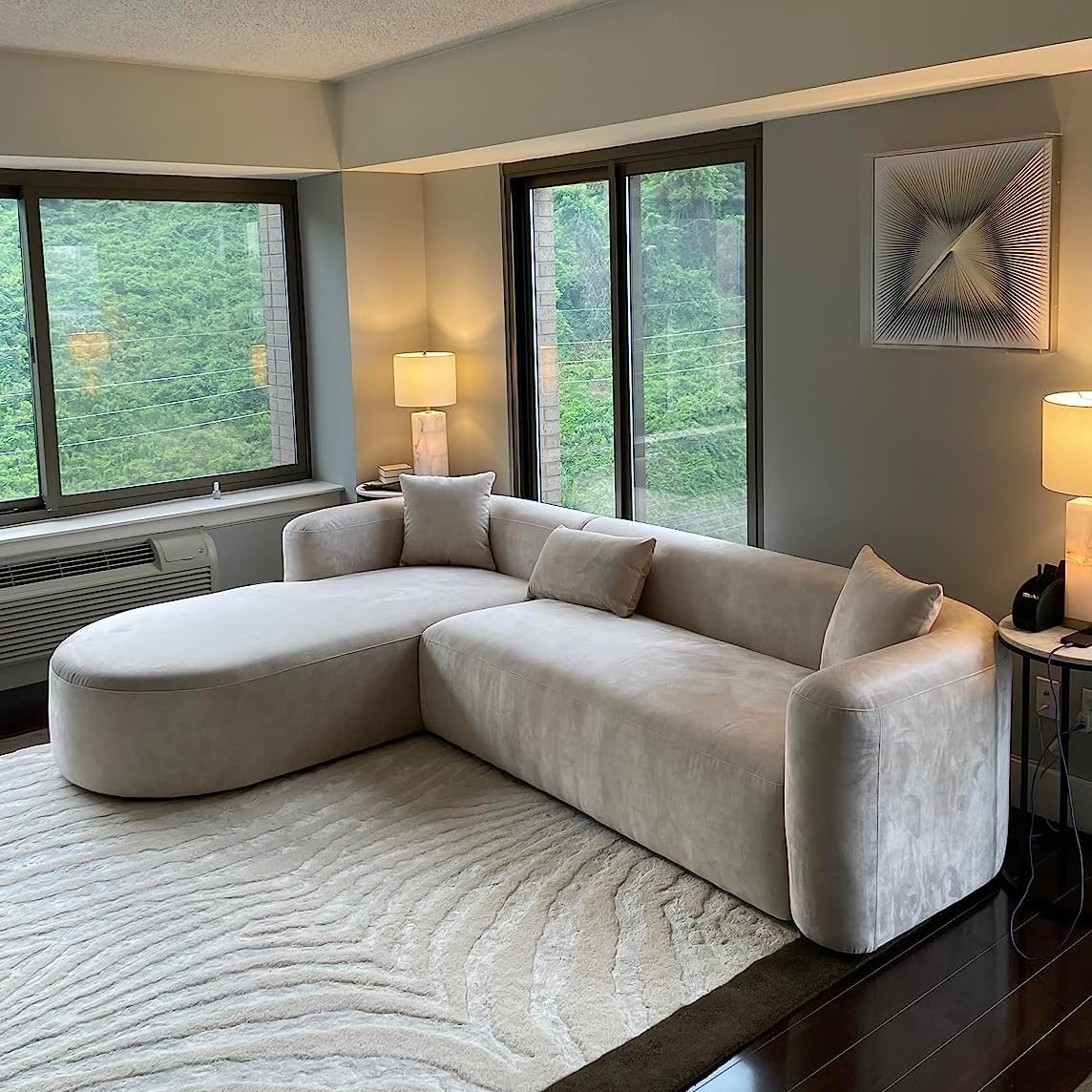 Wooden Twist Velvet Sectional Sofa Cream L-Shaped Sectional - Interior View