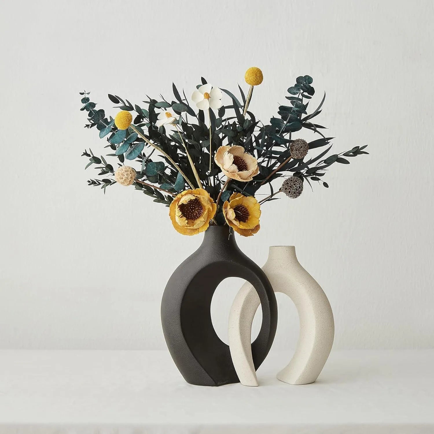 Wooden Twist Modern Home Decor Ceramic White & Black Hollow Decorative Vase for Pampas Flowers ( Set of 2 ) - Wooden Twist UAE