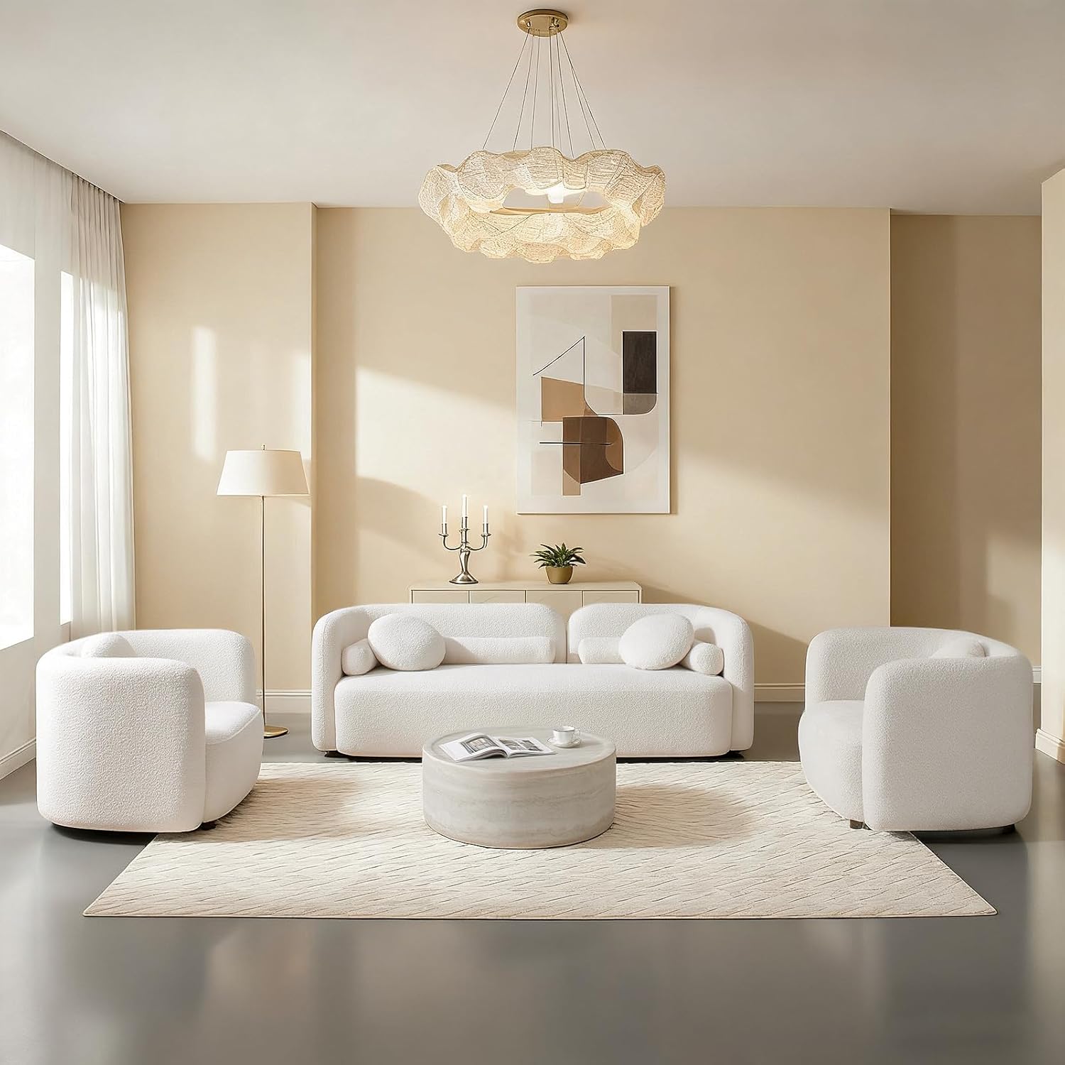 Wooden Twist White Boucle Sofa Set - Full Set 5 Seater with Pillows