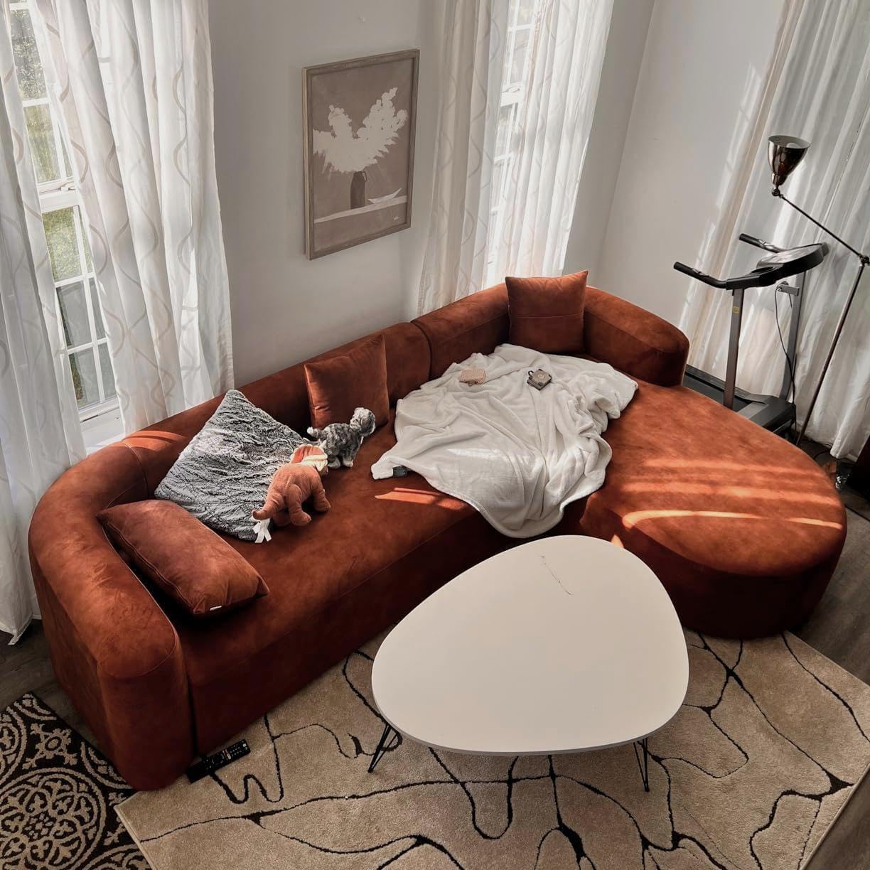 Wooden Twist Velvet Sectional Sofa Tangerine L-Shape Right Chaise - Lifestyle