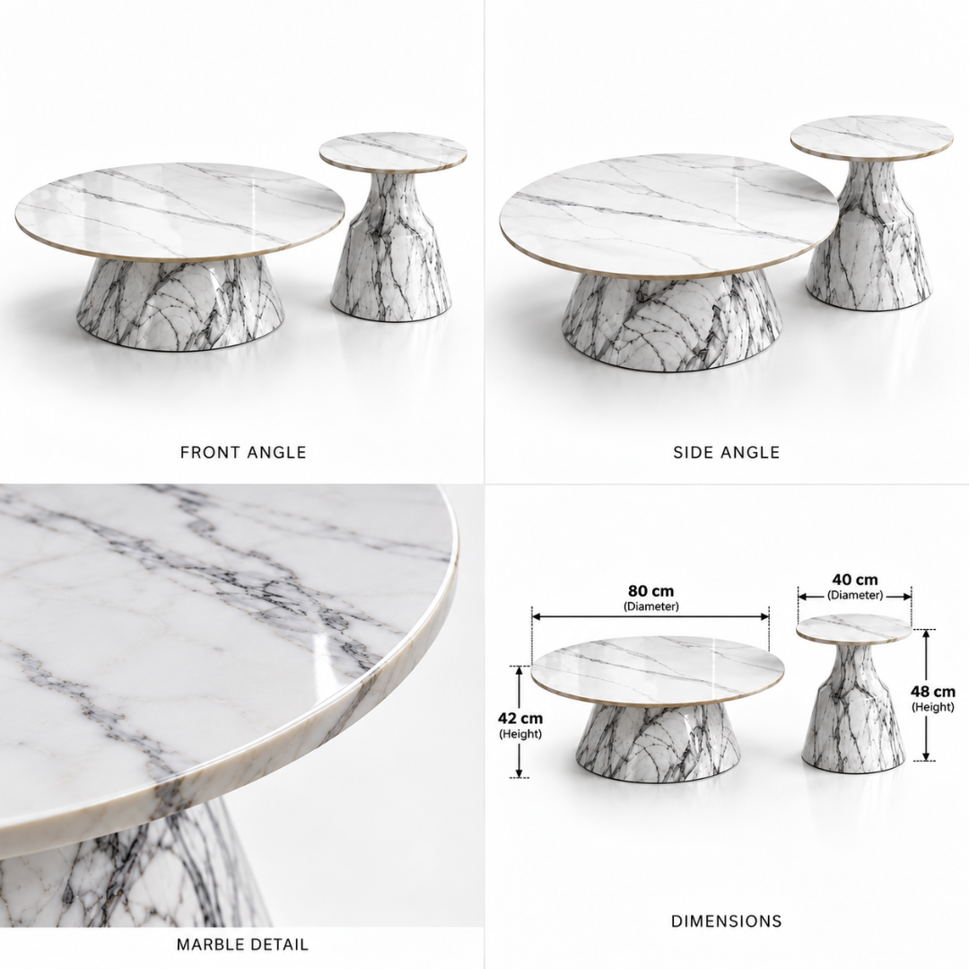 Wooden Twist Marmora Stone Top Coffee Table Set of 2 – front, side, stone detail and dimensions