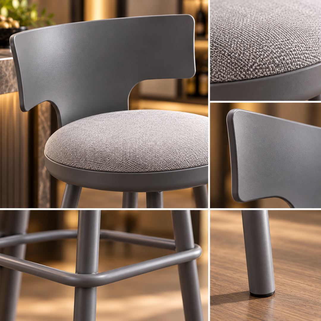 Wooden Twist Skylift Curve Bar Stool Grey – backrest, seat and leg details