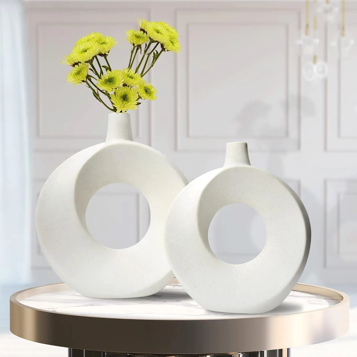 Wooden Twist Modern Home Decor Ceramic White Round Donut Decorative Vase for Matte Flowers ( Set of 2 ) - Wooden Twist UAE