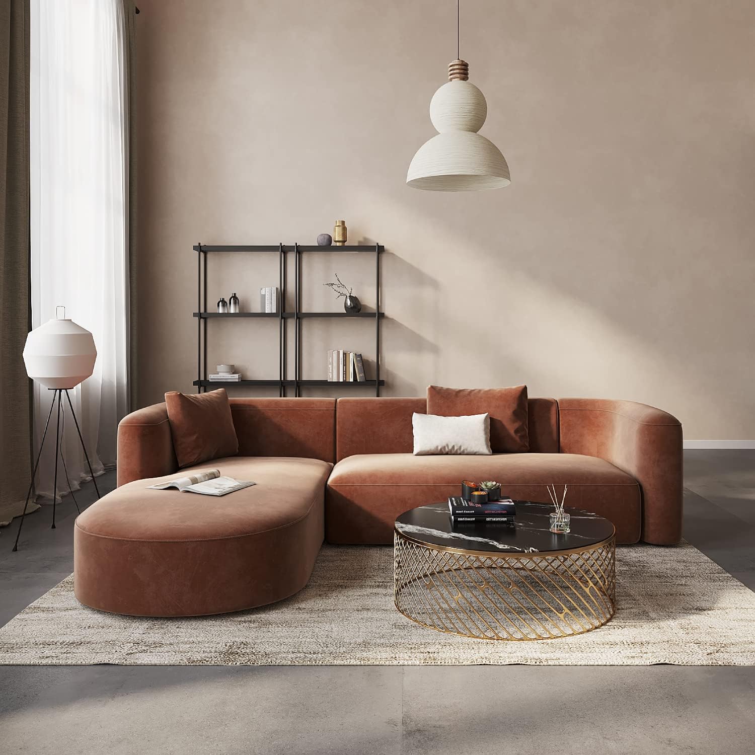 Wooden Twist Modern Velvet Sectional Sofa Tangerine L-Shape Left Chaise - Front View