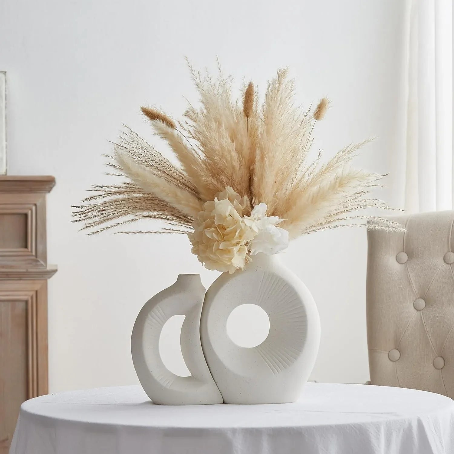 Wooden Twist Modern Home Decor Ceramic White 2 Abstract Decorative Vase for Dry Flowers ( Set of 2 ) - Wooden Twist UAE