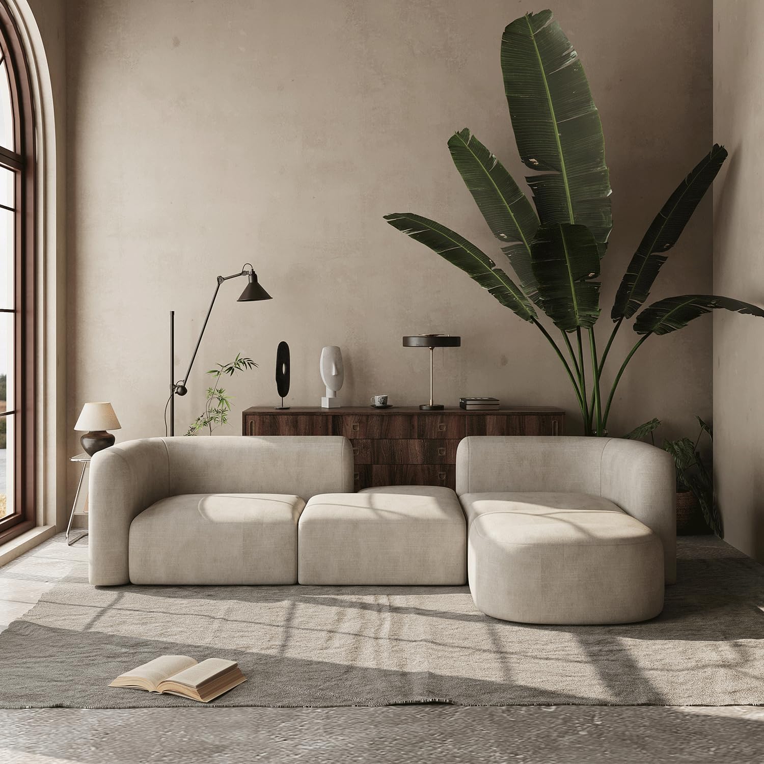 Wooden Twist Modern Velvet Sectional Sofa Cream 4 Seater Modular - Front View
