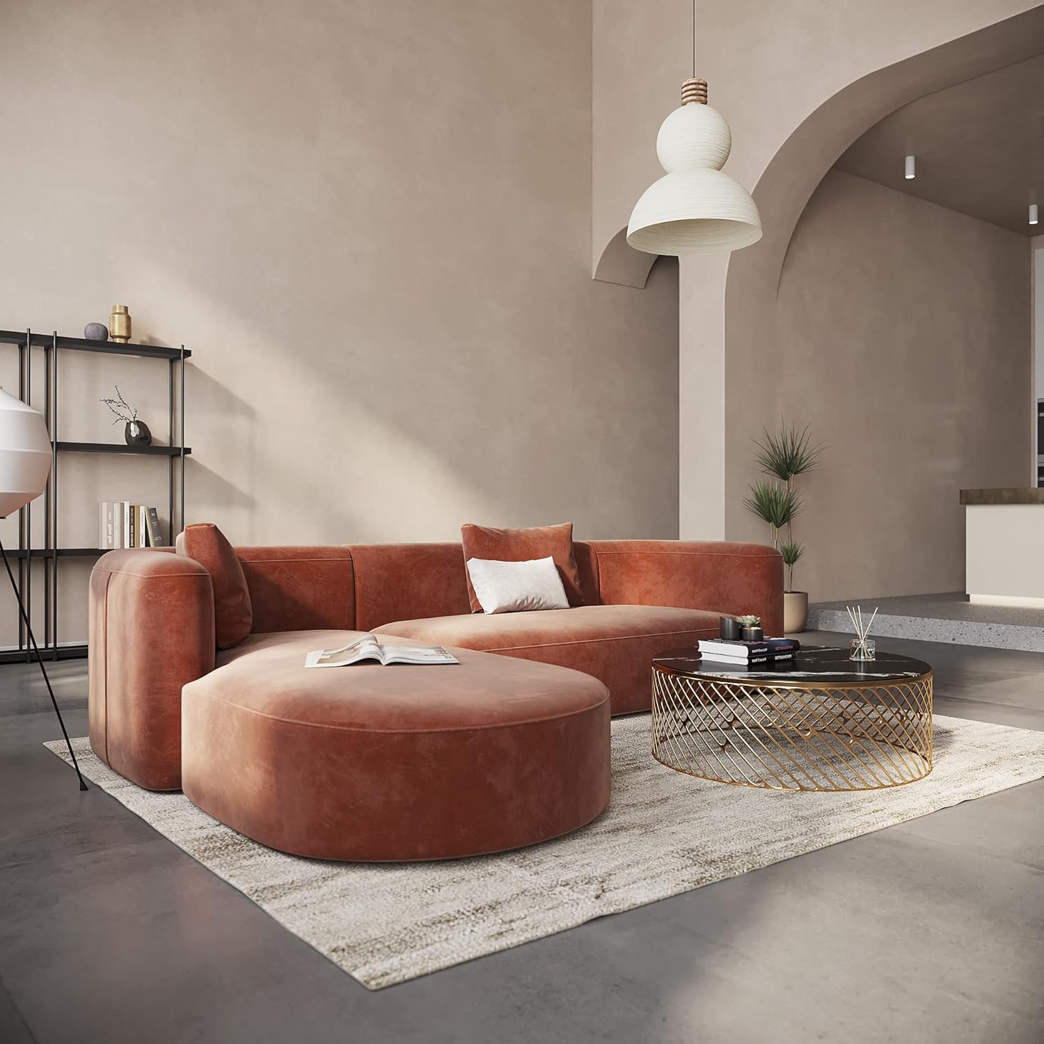 Wooden Twist Velvet Sectional Sofa Tangerine L-Shape Left Chaise - Lifestyle