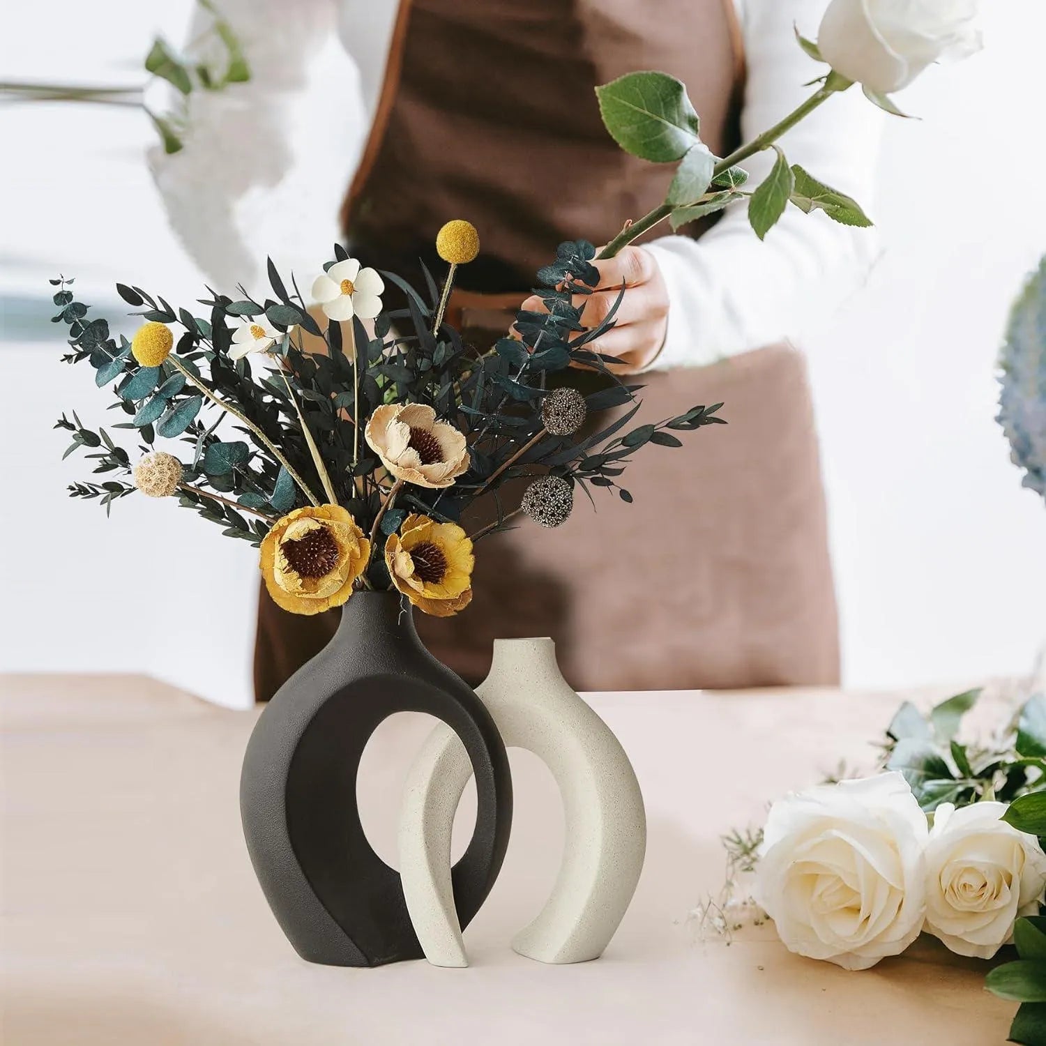 Wooden Twist Modern Home Decor Ceramic White & Black Hollow Decorative Vase for Pampas Flowers ( Set of 2 ) - Wooden Twist UAE