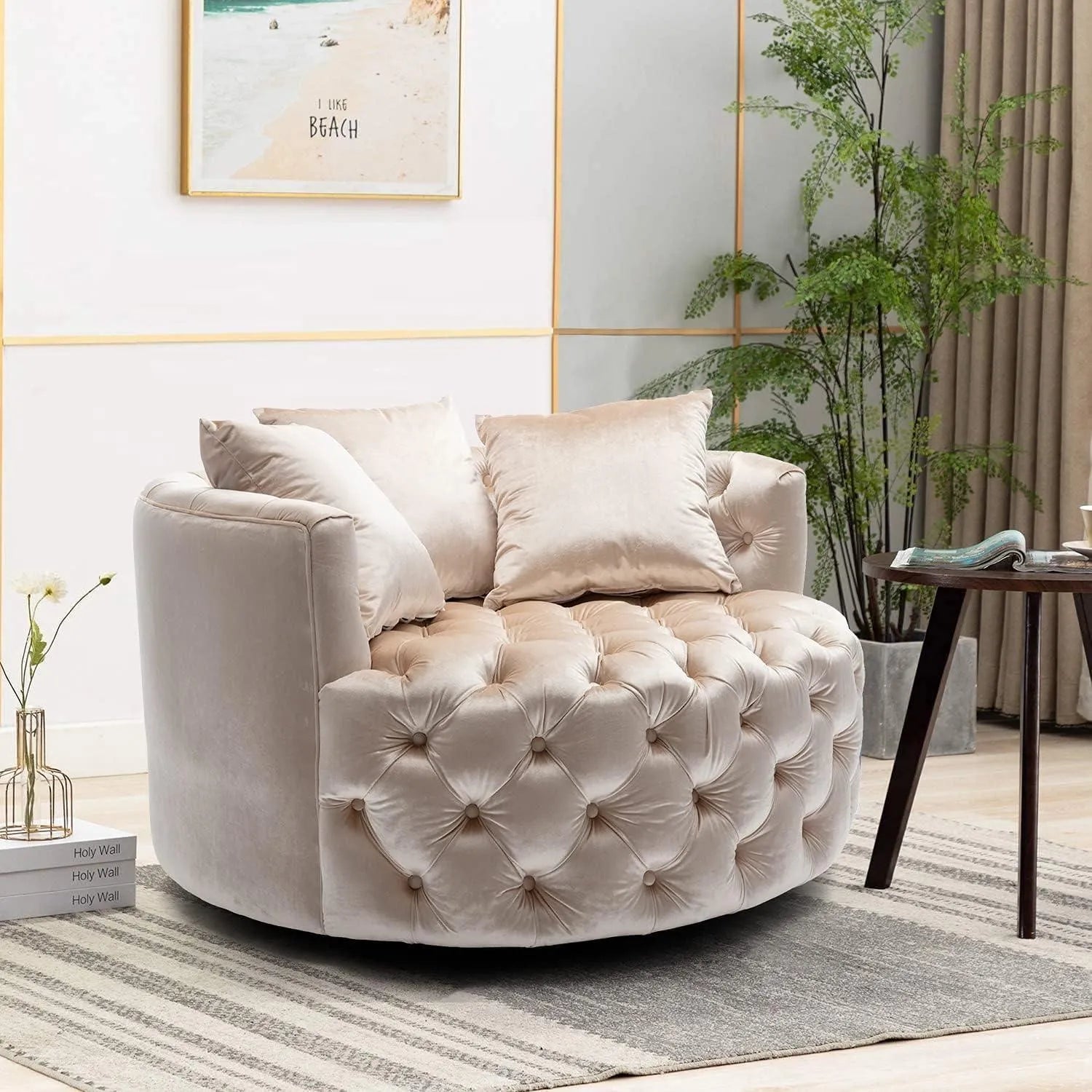 Wooden Twist Barrel Button Tufted Design Modern Round Sofa For Living Room with 3 Pillows - Wooden Twist UAE