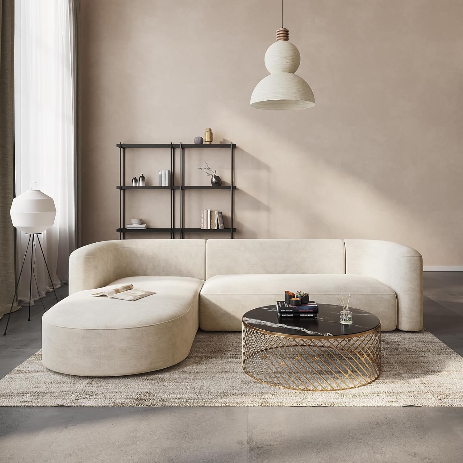 Wooden Twist Modern Velvet Sectional Sofa Cream L-Shaped Sectional - Front View