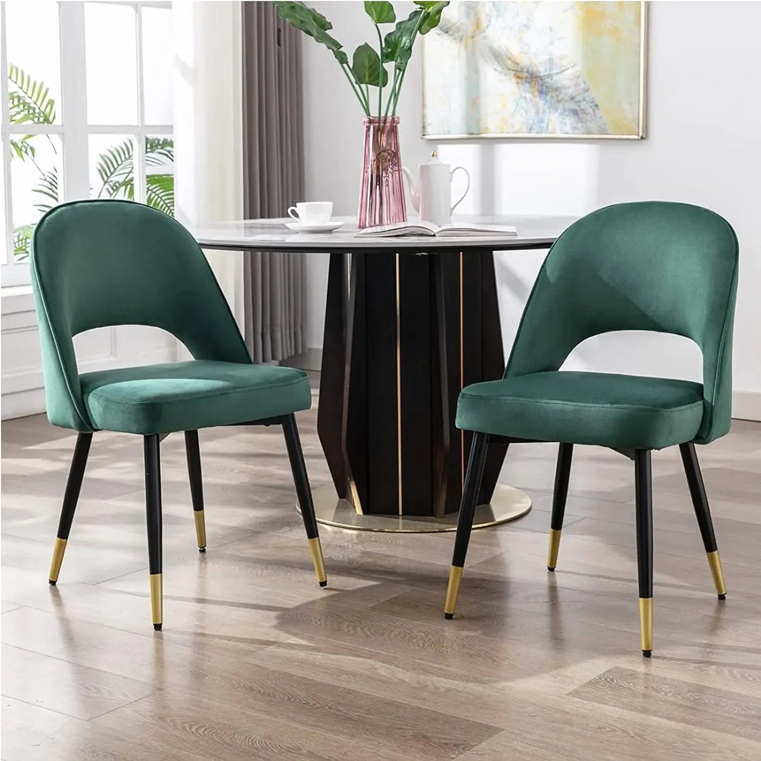 Wooden Twist Modern Stylish Loop Backrest Velvet Upholstery Cafe Dining Chairs with Metal Legs (Set of 2) - Wooden Twist UAE