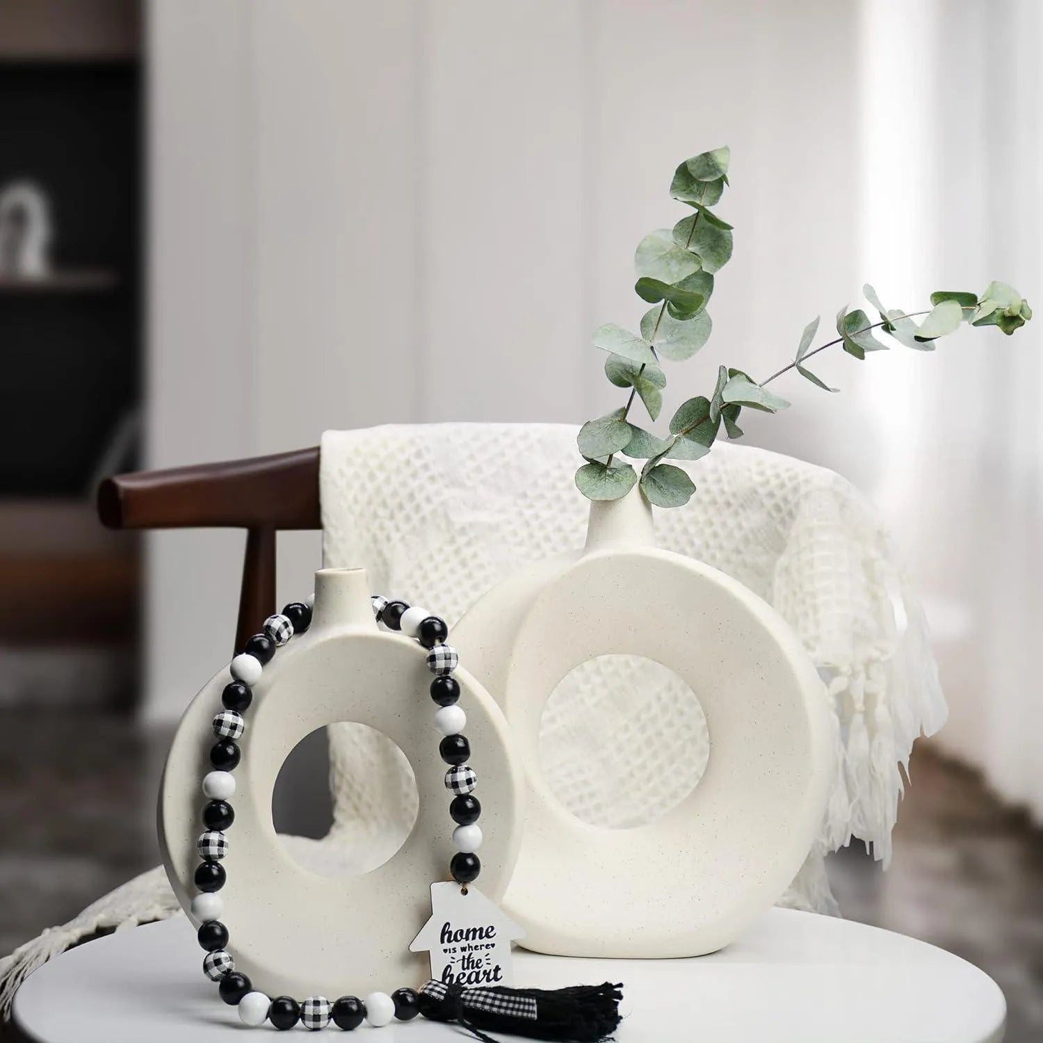 Wooden Twist Modern Home Decor Ceramic White Round Donut Decorative Vase for Matte Flowers ( Set of 2 ) - Wooden Twist UAE