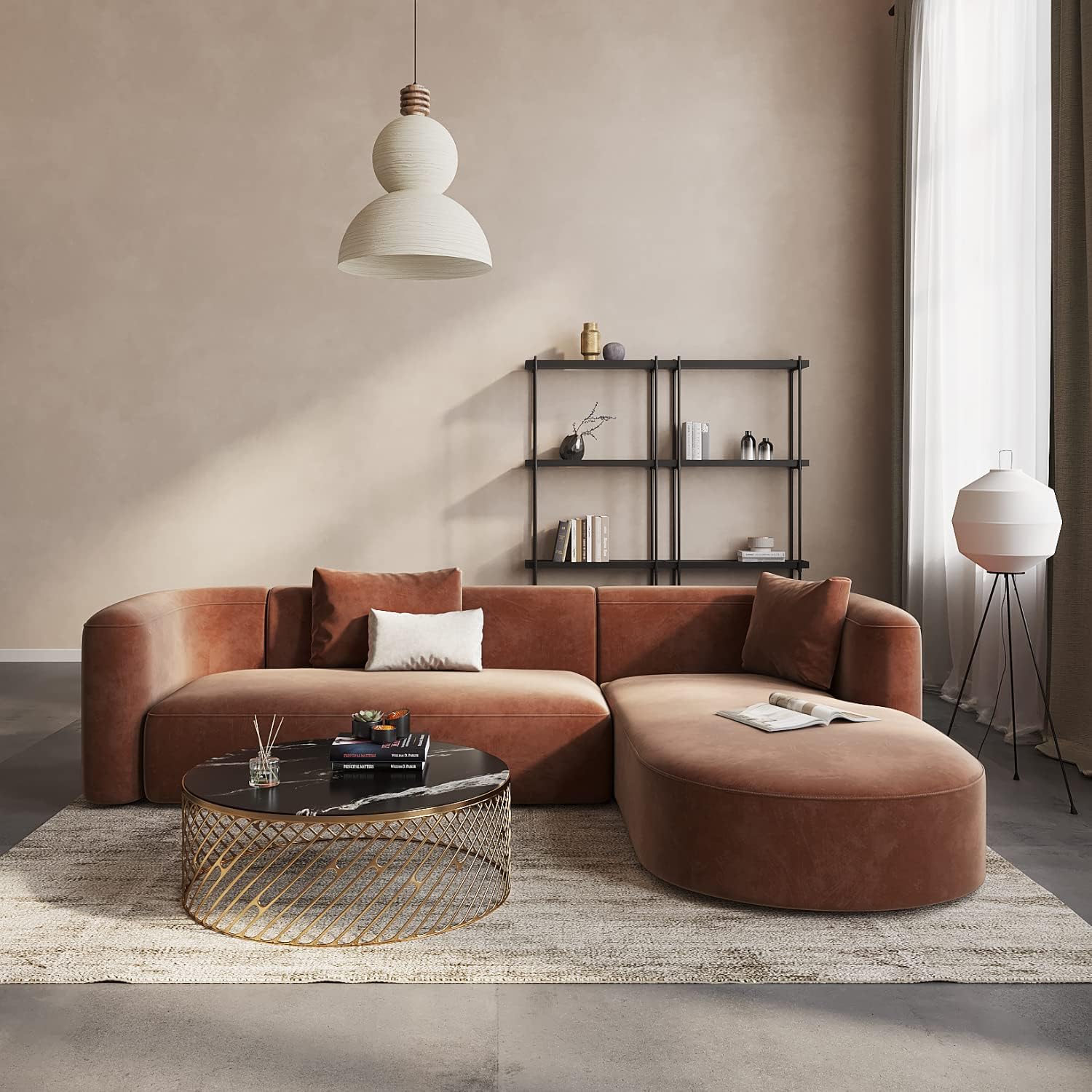 Wooden Twist Modern Velvet Sectional Sofa Tangerine L-Shape Right Chaise - Front View