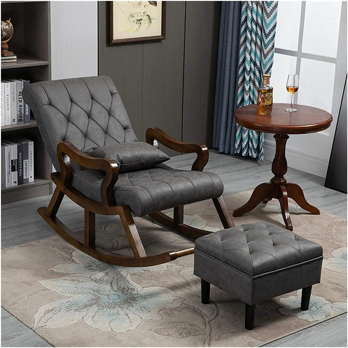 Wooden Twist Modern Rocking Chair with Button Tufted Footrest Velvet Fabric - Wooden Twist UAE