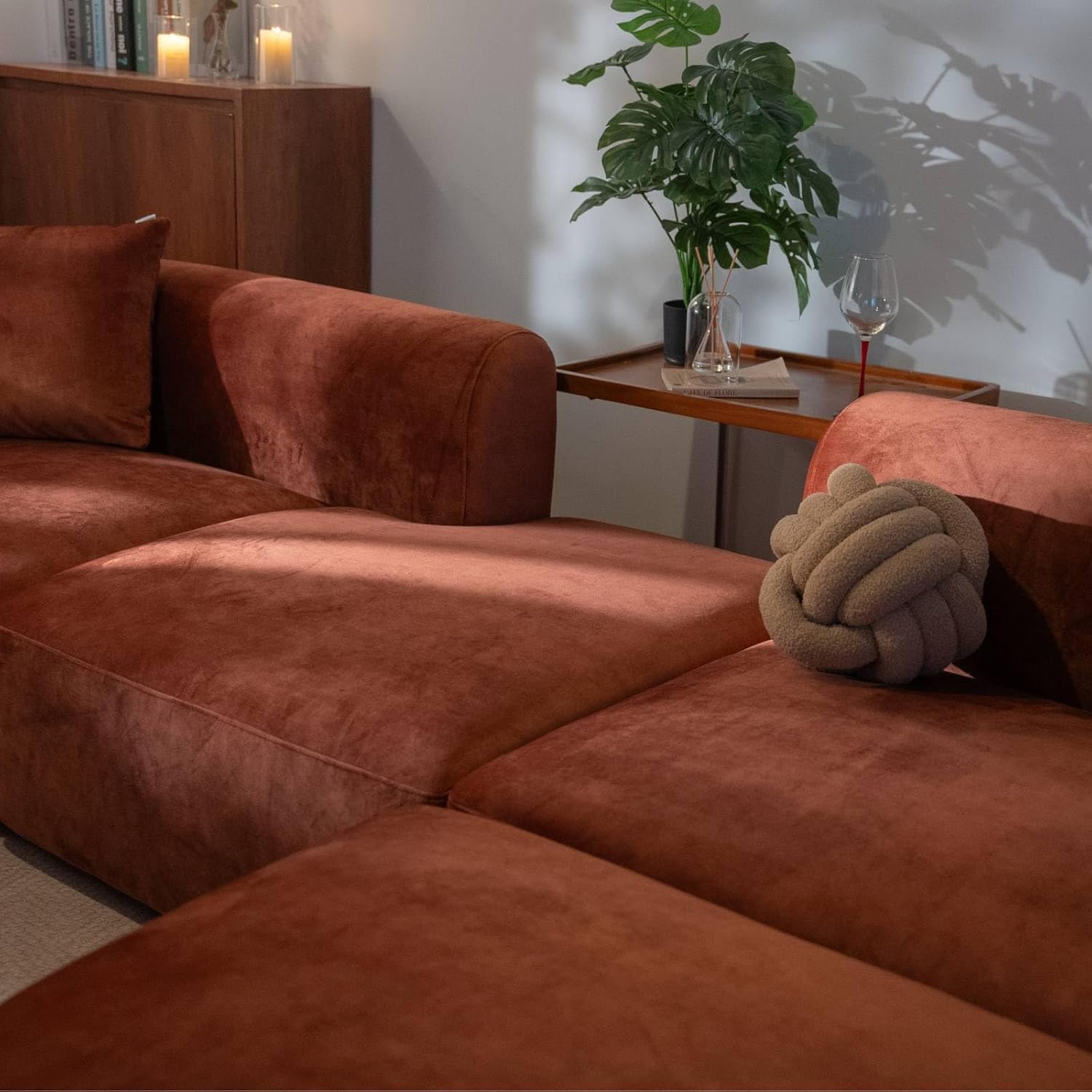 Wooden Twist Velvet Sectional Sofa Tangerine 4 Seater Modular - Angle View