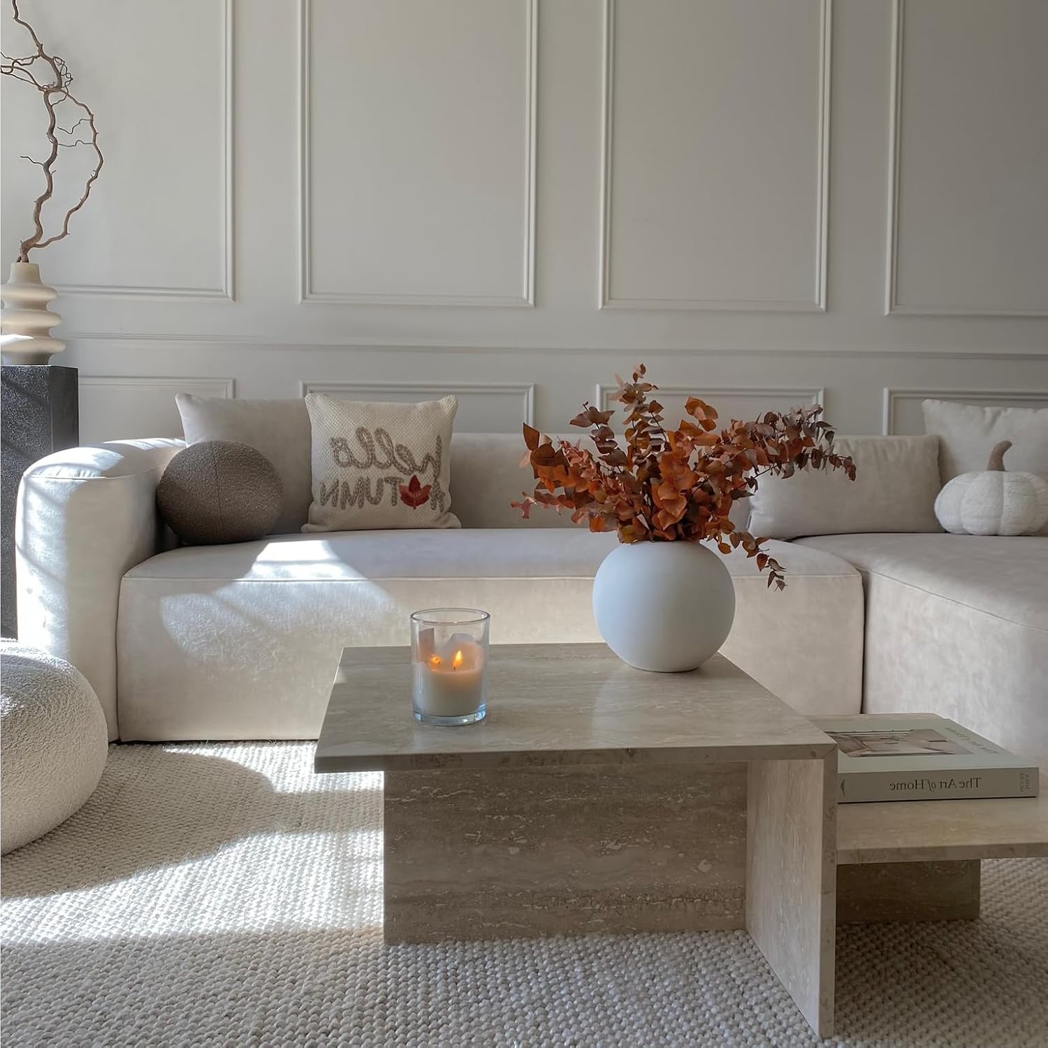 Wooden Twist Velvet Sectional Sofa Cream L-Shape Right Chaise - Full View