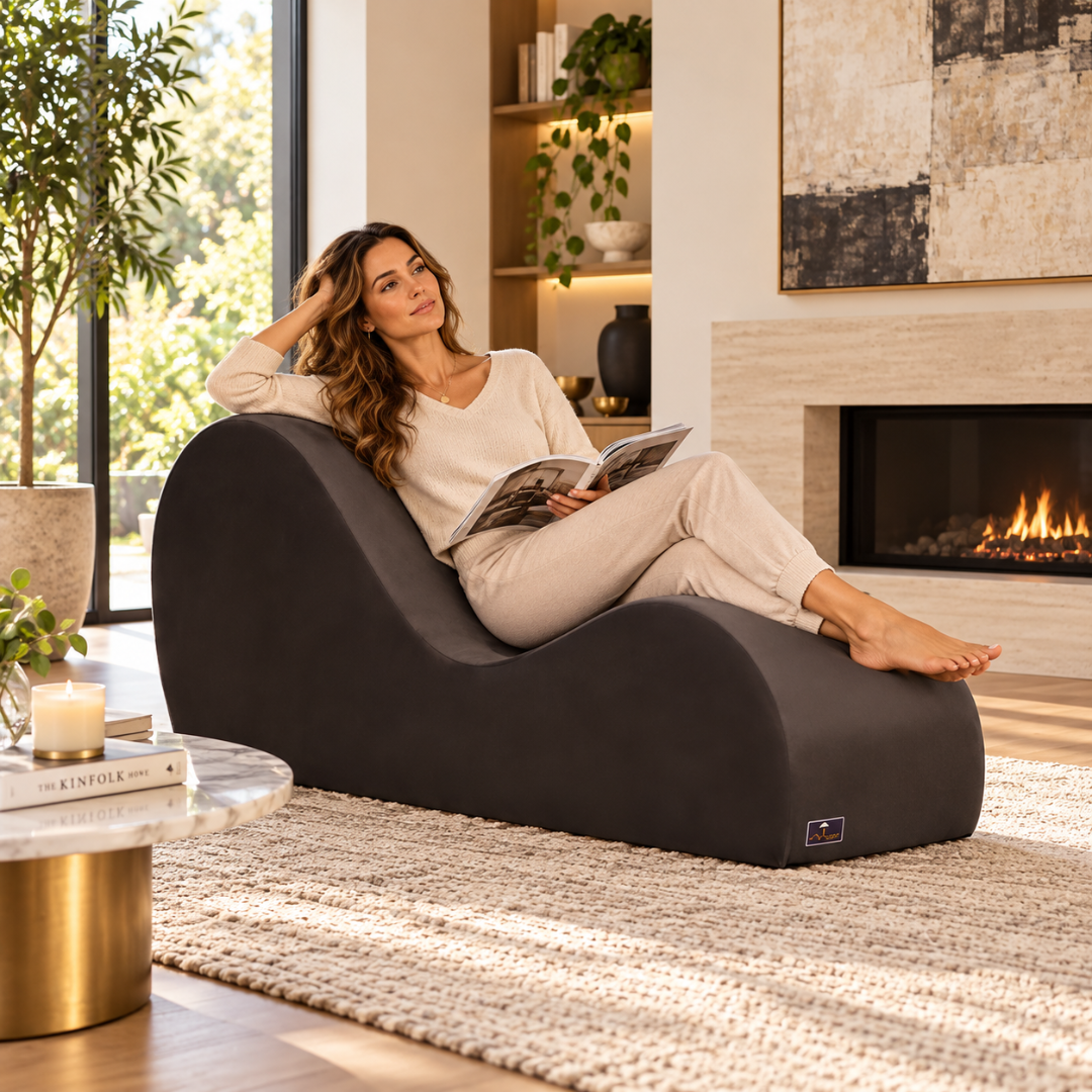 Wooden Twist Armless Velvet Wave Chaise Lounge Brown – Woman Reading and Relaxing