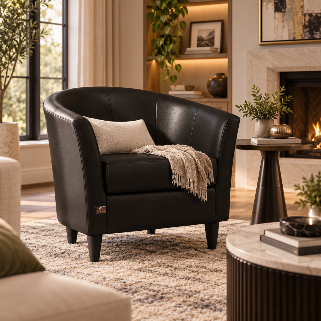 Wooden Twist Black Leatherette Barrel Tub Chair – living room