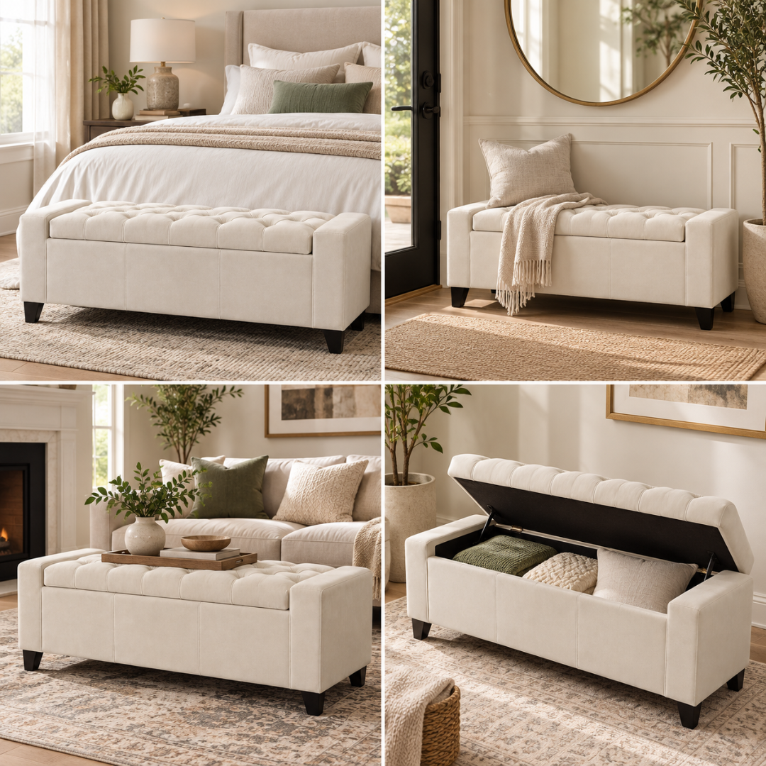 Wooden Twist Raffinee ivory velvet storage bench – styled in bedroom, entryway and living room