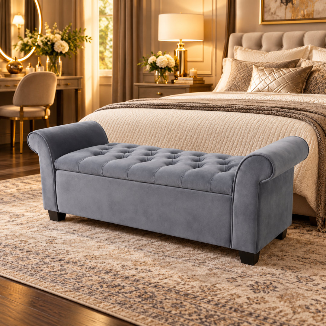 A rolled-arm storage bench in soft grey velvet