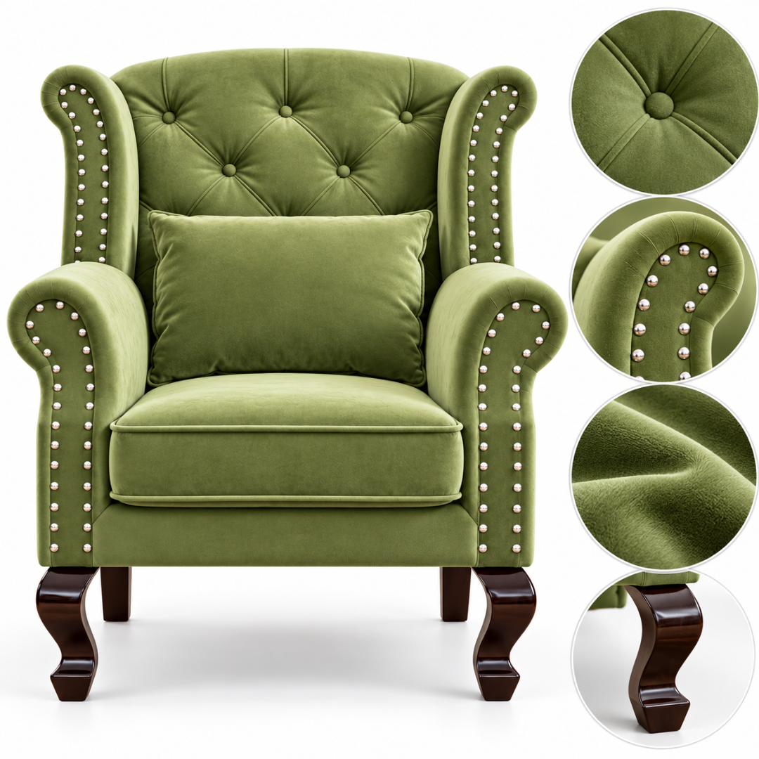 Wooden Twist Majestic Velvet Wingback Chair Green – Front View with Details