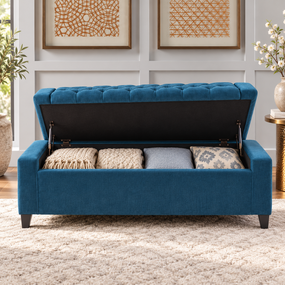 Wooden Twist Raffinee dark blue storage bench – flip top open showing blanket and pillow storage
