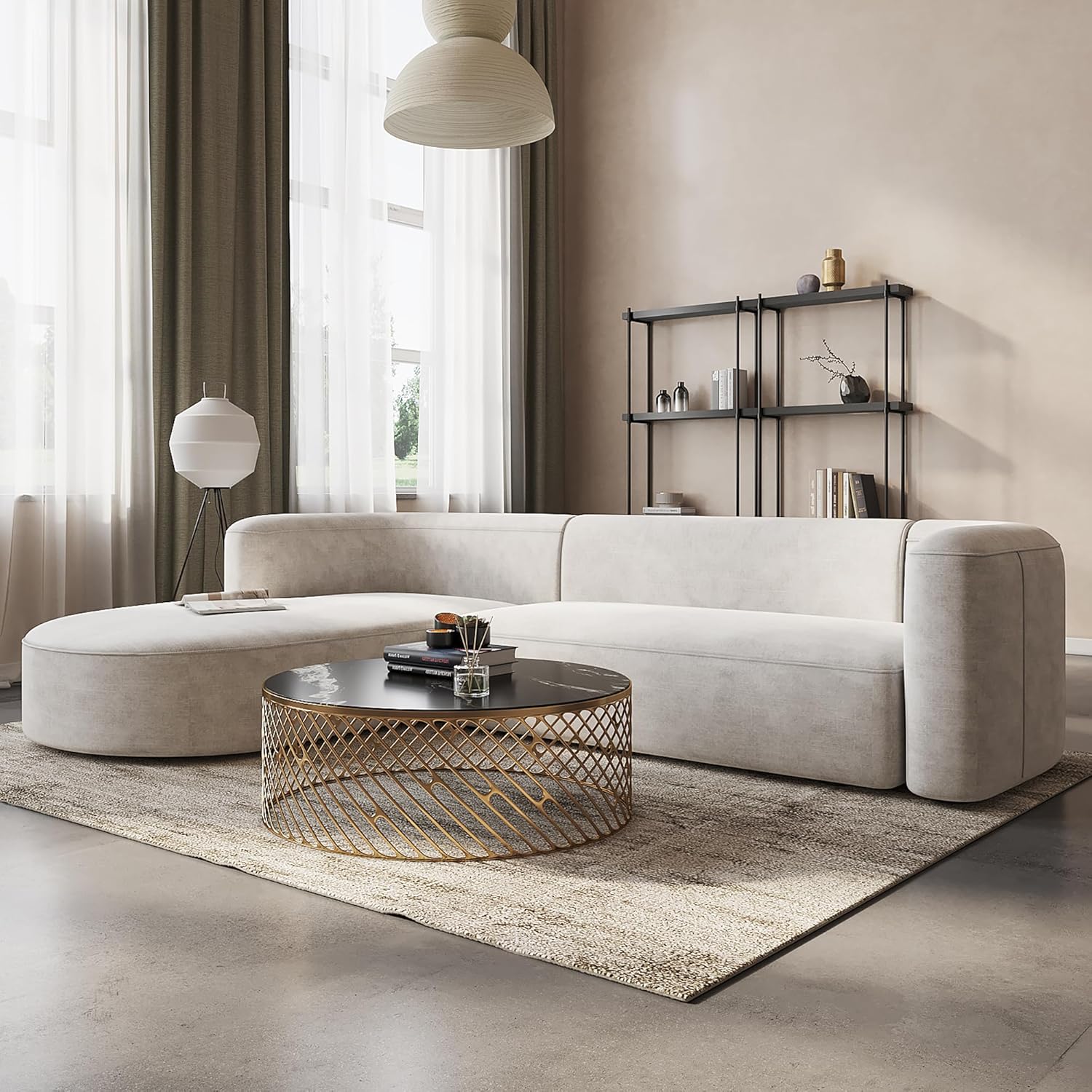 Wooden Twist Velvet Sectional Sofa Cream L-Shaped Sectional - Room Setting
