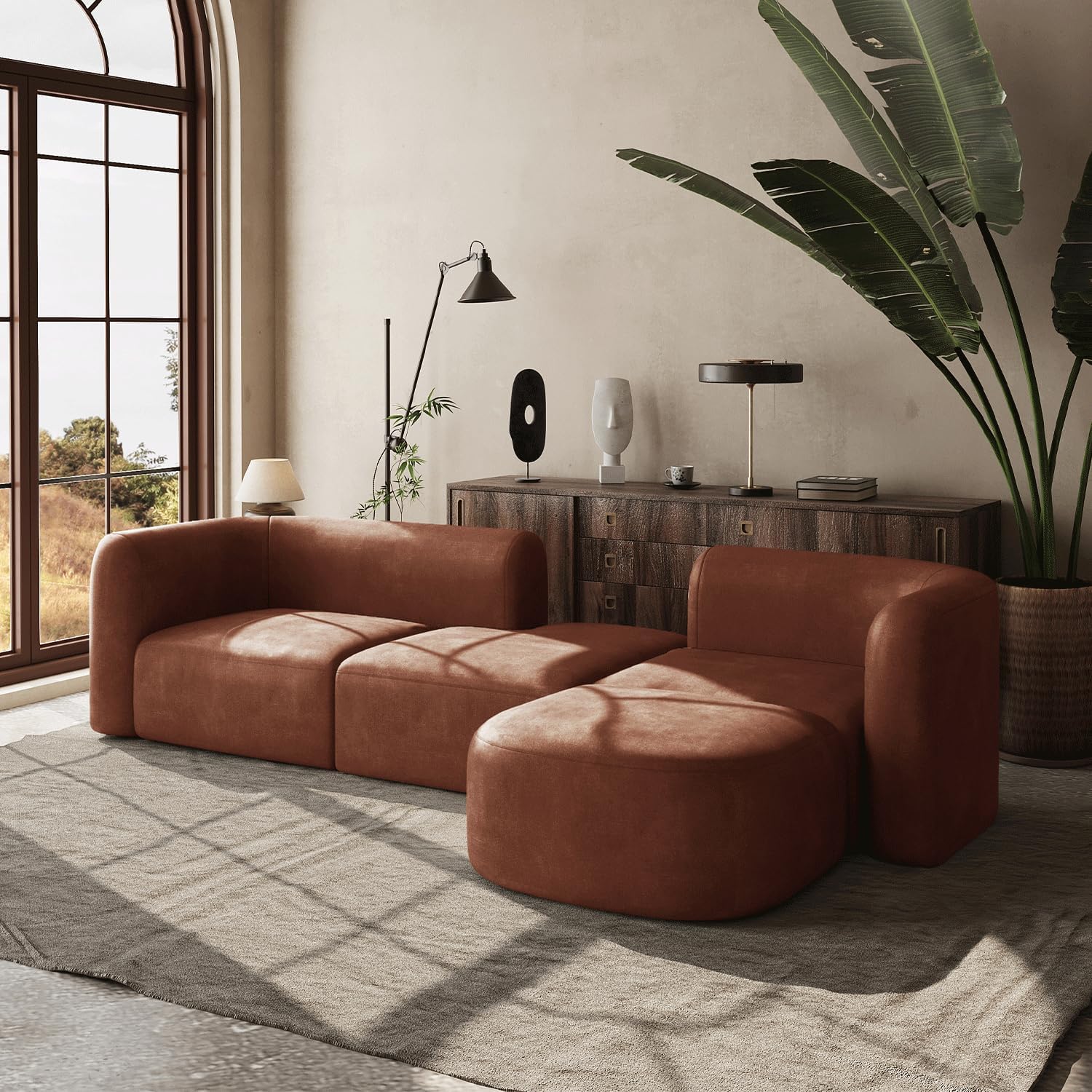 Wooden Twist Velvet Sectional Sofa Tangerine 4 Seater Modular - Lifestyle