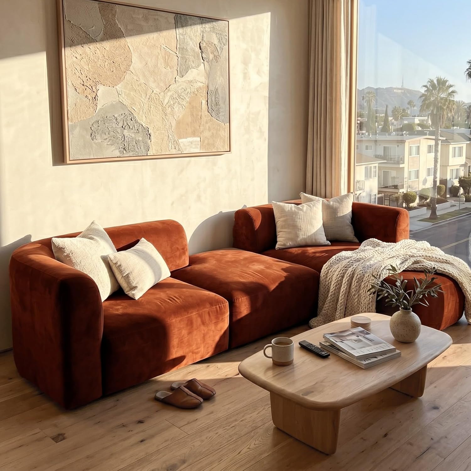 Wooden Twist Velvet Sectional Sofa Tangerine 4 Seater Modular - Full View