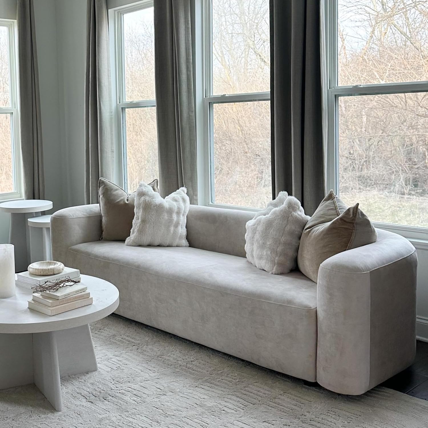 Wooden Twist Velvet Sectional Sofa Cream 3 Seater - Room Setting