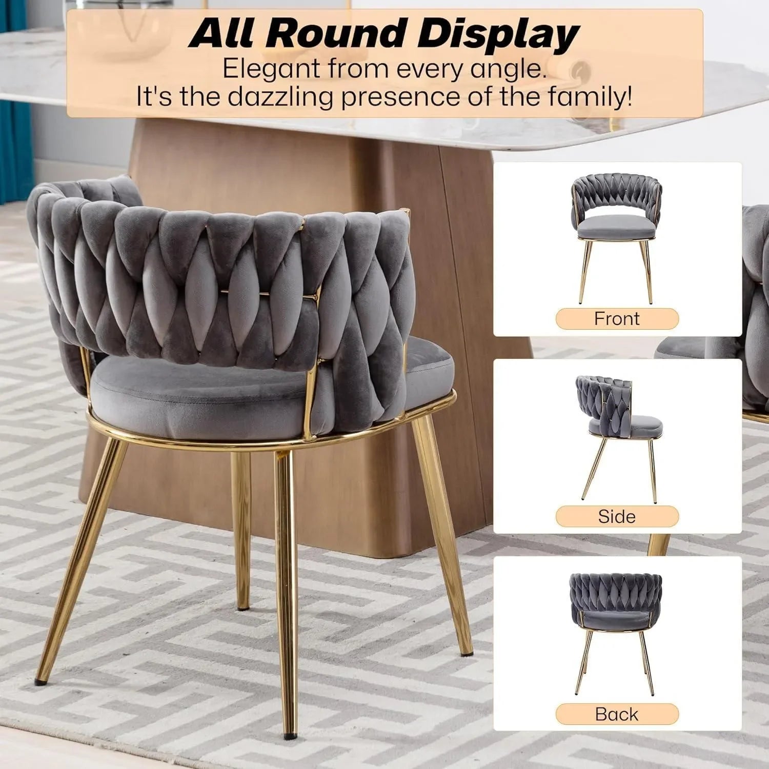 Wooden Twist Woven Carved Backrest Velvet Upholstery and Metal Legs Elegant Seating Dining Chair for Cafe, Restaurant, and Home - Wooden Twist UAE