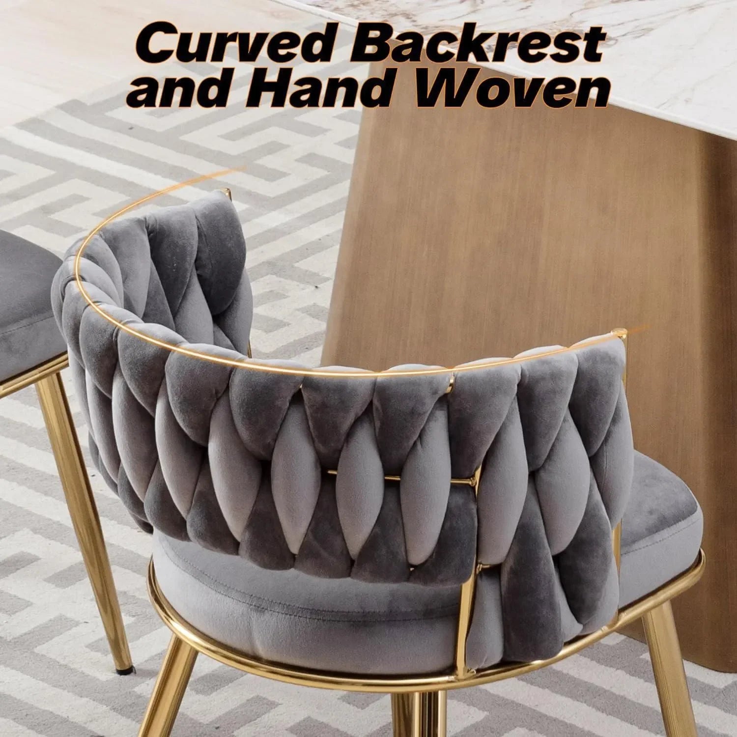 Wooden Twist Woven Carved Backrest Velvet Upholstery and Metal Legs Elegant Seating Dining Chair for Cafe, Restaurant, and Home - Wooden Twist UAE