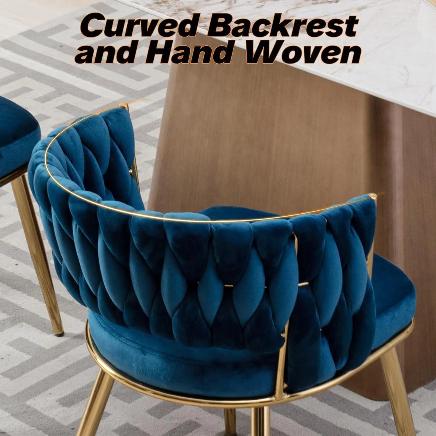 Wooden Twist Woven Carved Backrest Velvet Upholstery and Metal Legs Elegant Seating Dining Chair for Cafe, Restaurant, and Home - Wooden Twist UAE