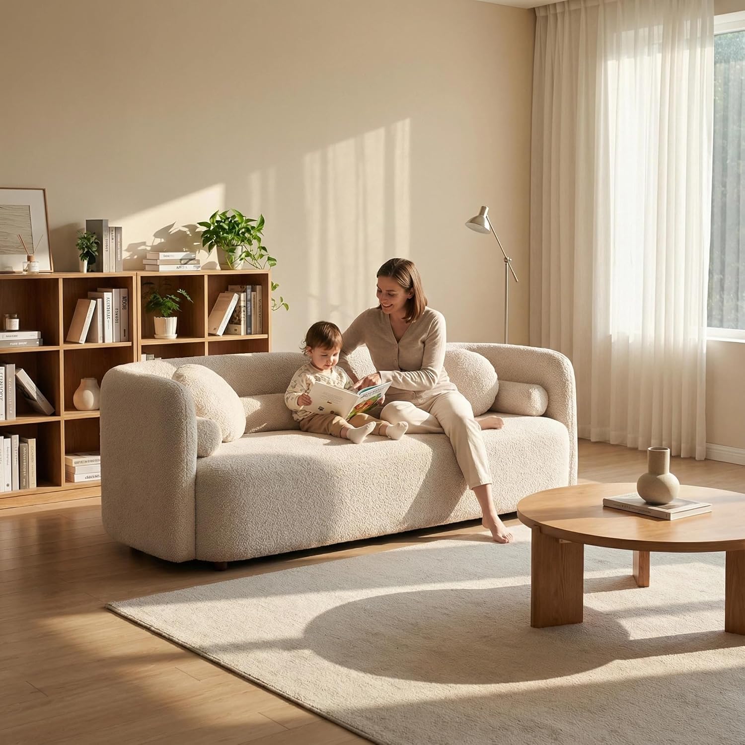 Wooden Twist Beige Boucle 4-Seater Sofa Set - Cushion & Back Detail
