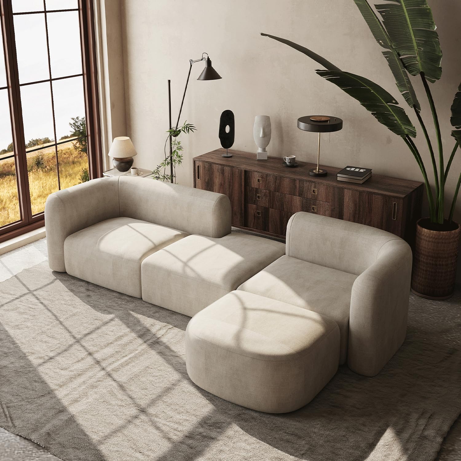 Wooden Twist Velvet Sectional Sofa Cream 4 Seater Modular - Room Setting