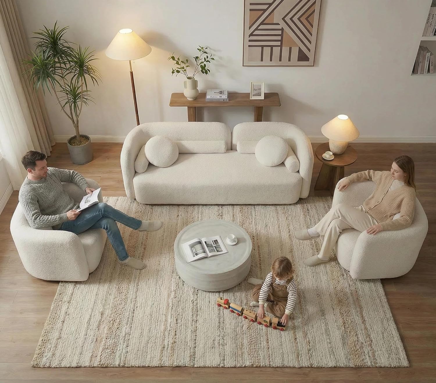 Wooden Twist Boucle Sofa Set - Solid Wood Leg & Assembly Detail