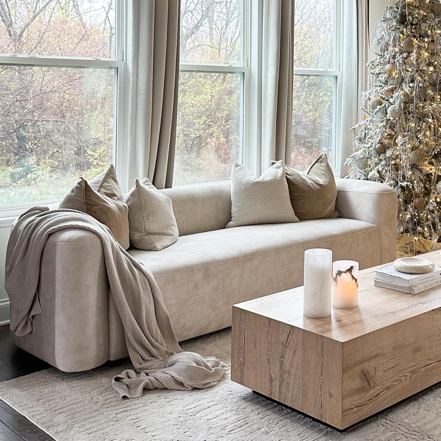 Wooden Twist Velvet Sectional Sofa Cream 3 Seater - Lifestyle