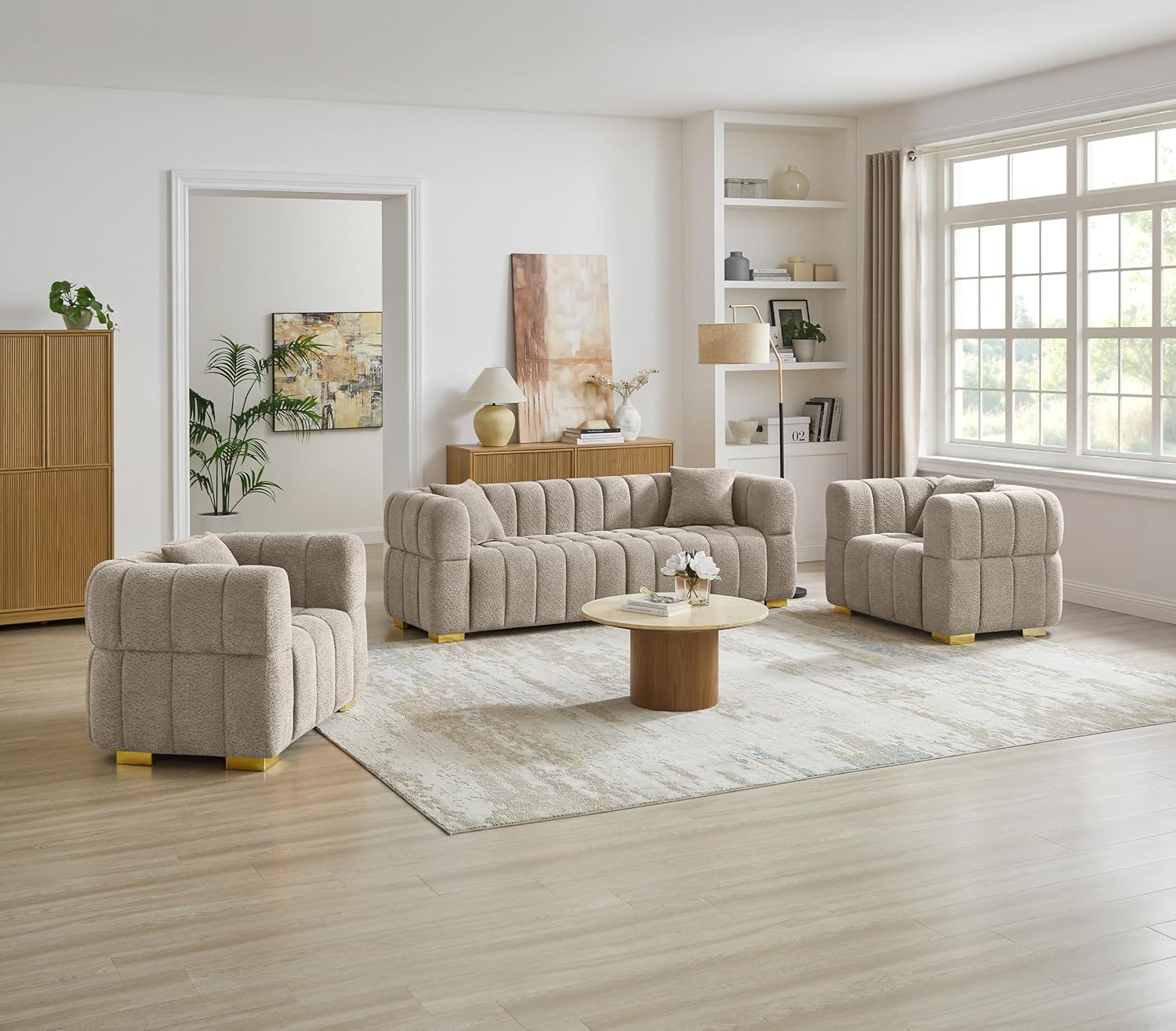 Wooden Twist Cloud Boucle Sofa - Camel 3+2 Couch Set Living Room