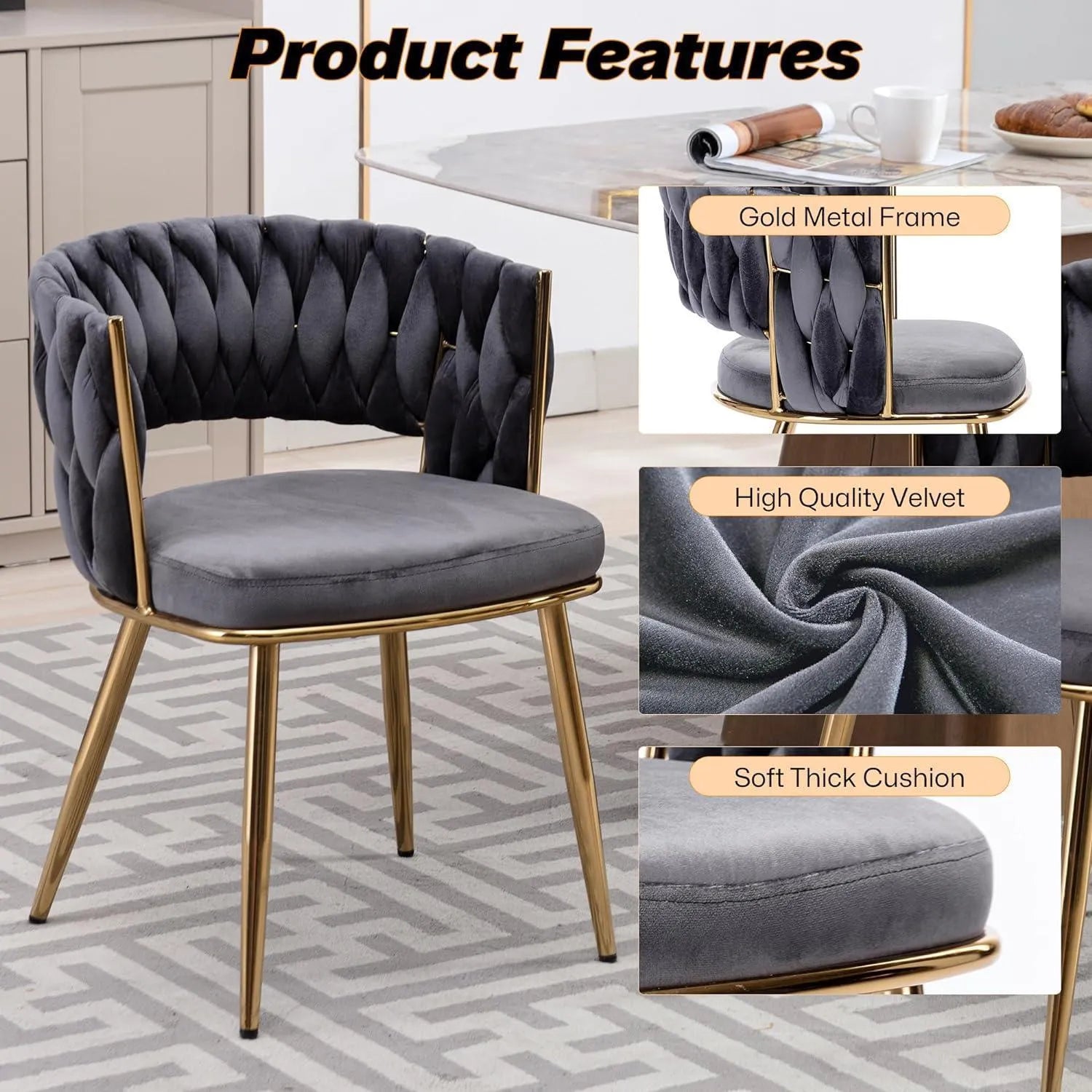 Wooden Twist Woven Carved Backrest Velvet Upholstery and Metal Legs Elegant Seating Dining Chair for Cafe, Restaurant, and Home - Wooden Twist UAE